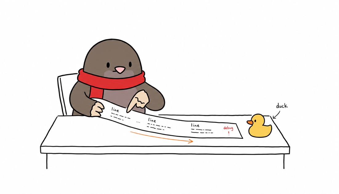 Rubber-duck debugging — explaining a problem line by line to a rubber duck