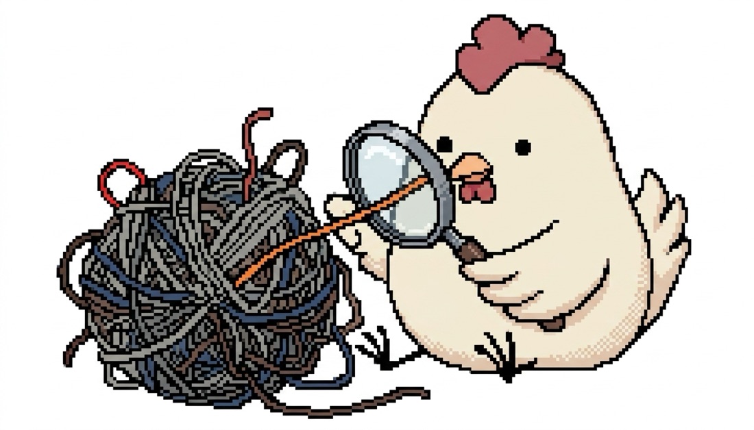 Debugging — the chicken pulling one thread from a tangled ball of yarn