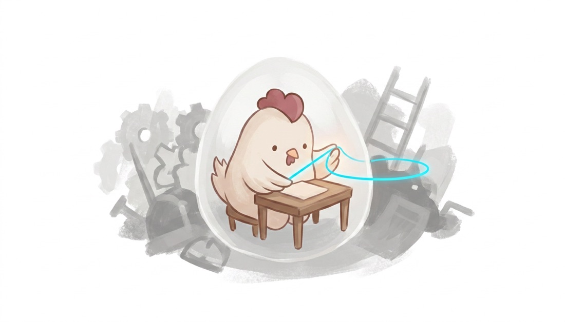 Deep focus — the chicken working in a glowing bubble while the world fades
