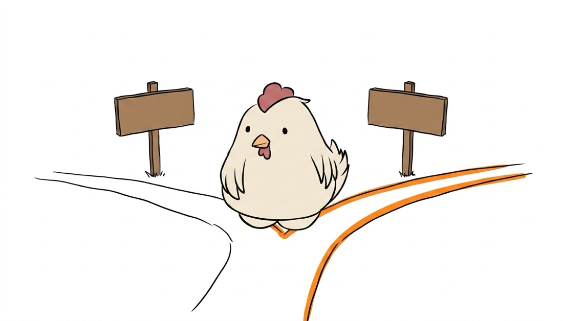 Making a decision — the chicken at a forking path between two blank signposts