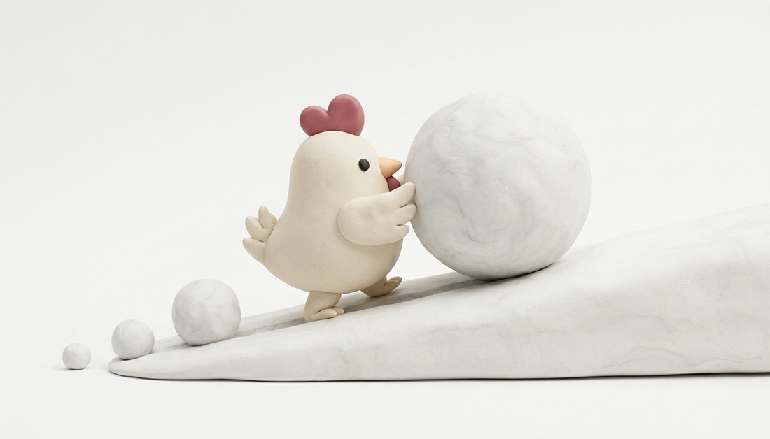 Building momentum — the chicken pushing a growing snowball up a slope