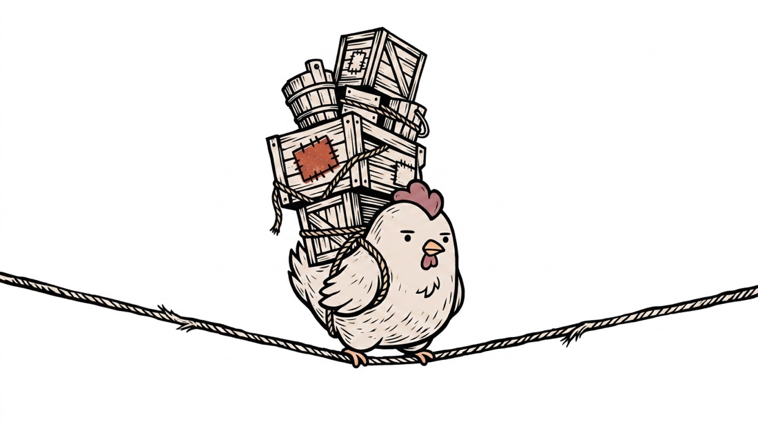 Technical debt — the chicken balancing a teetering tower of patched crates on a tightrope