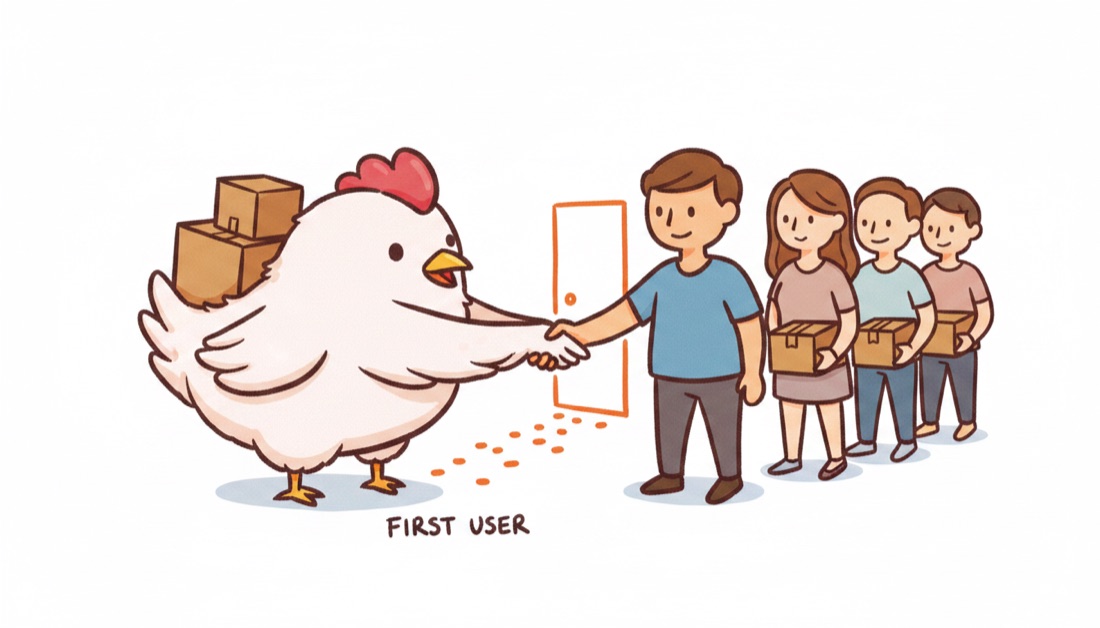 Marker look — a chicken recruiting its first user