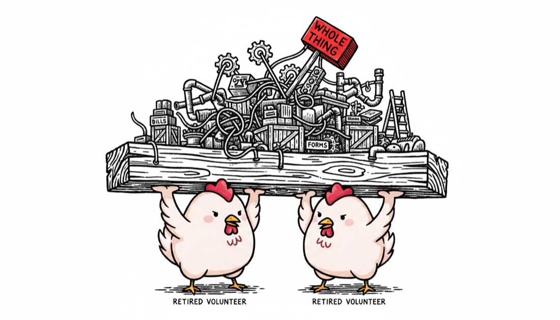 Woodcut look — two retired volunteers holding up the system