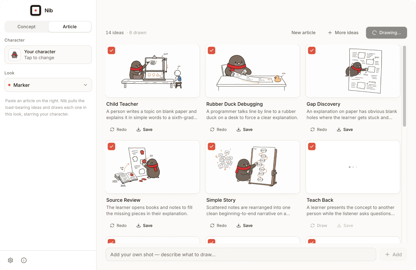 Article mode — paste a URL and Nib pulls the load-bearing ideas