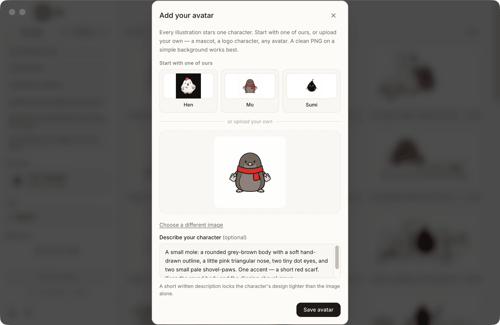 Avatar setup — start from a built-in character or bring your own