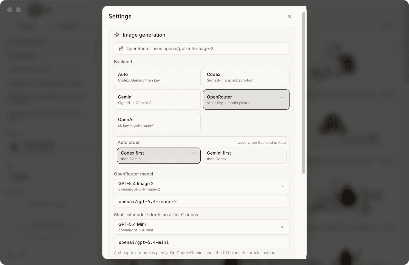Settings — free Codex/Gemini lanes or a keyed OpenRouter model